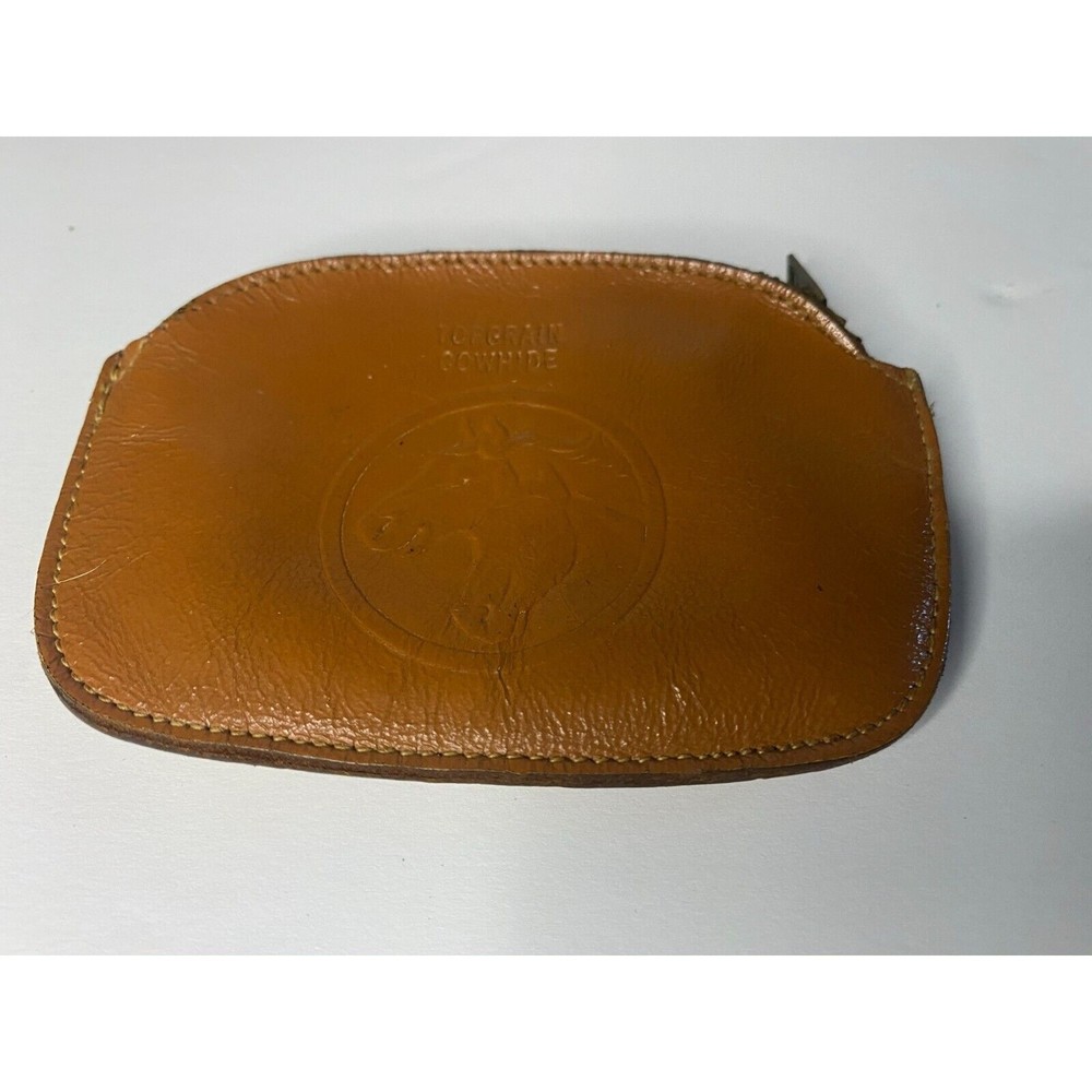 Genuine Top Grain Cowhide Horses Emblem Zippered Coin Purse Wallet Brown Tan 4"